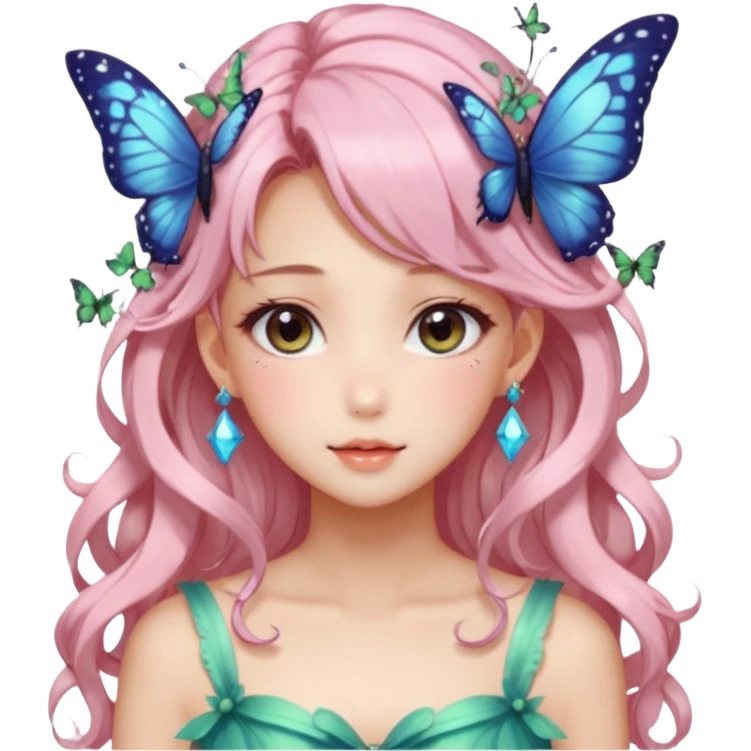 gorgeous shiny blushing anime lady with butterflies and beautiful hair fairycore high quality detailed vogue trending aesthetic emoji