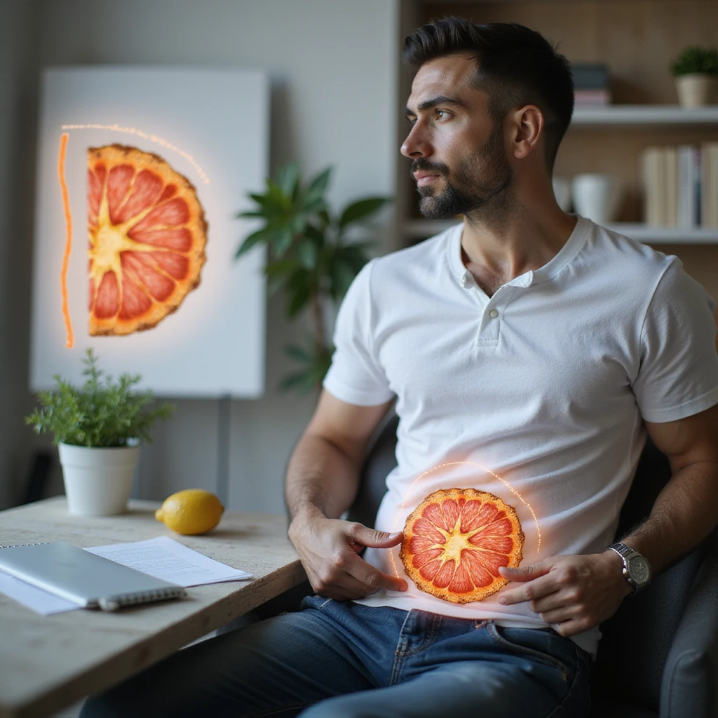 Italian man sitting at a nutritionist's office, pointing to the abdominal area; transparent illustration highlighting adipose tissue and metabolic pathway of weight loss, realistic style, vertical 9:16 aspect ratio emoji