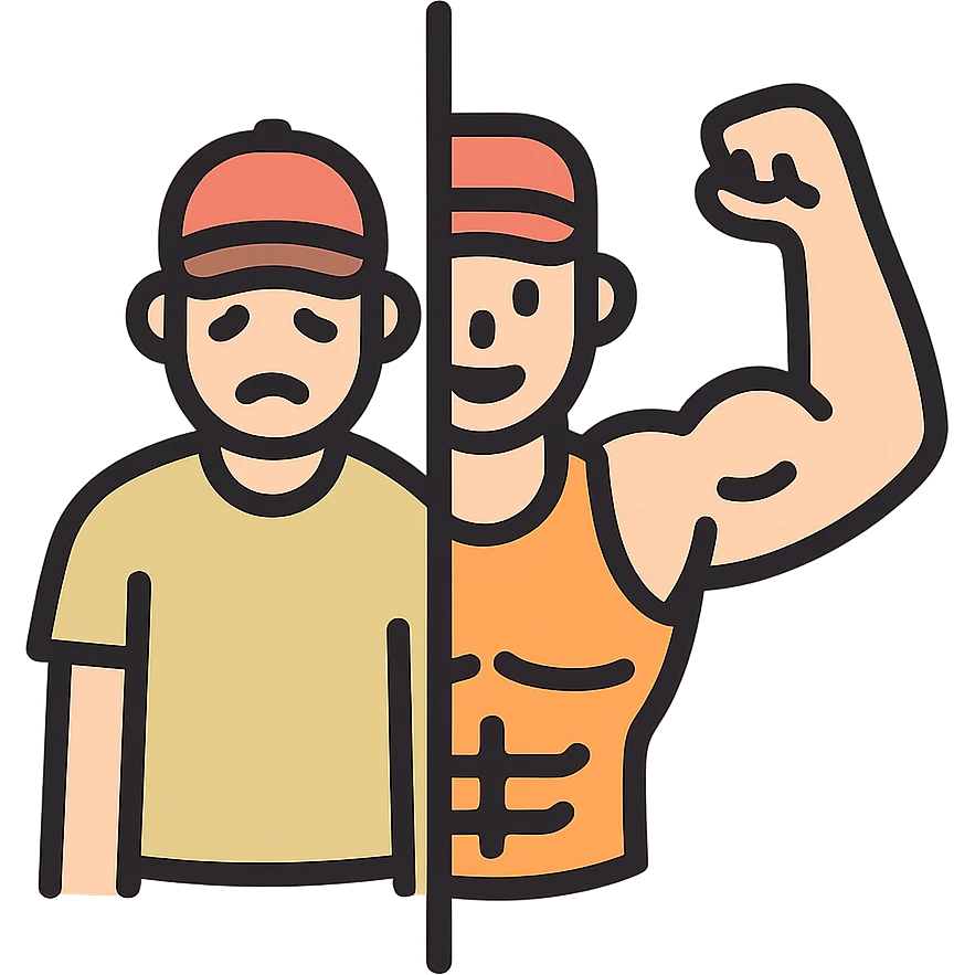 in the picture is devided in to two parts, at the first the sportsman is weak and lazy, but at the second picture the same sportsman is very strong because he doing a workout regularly emoji