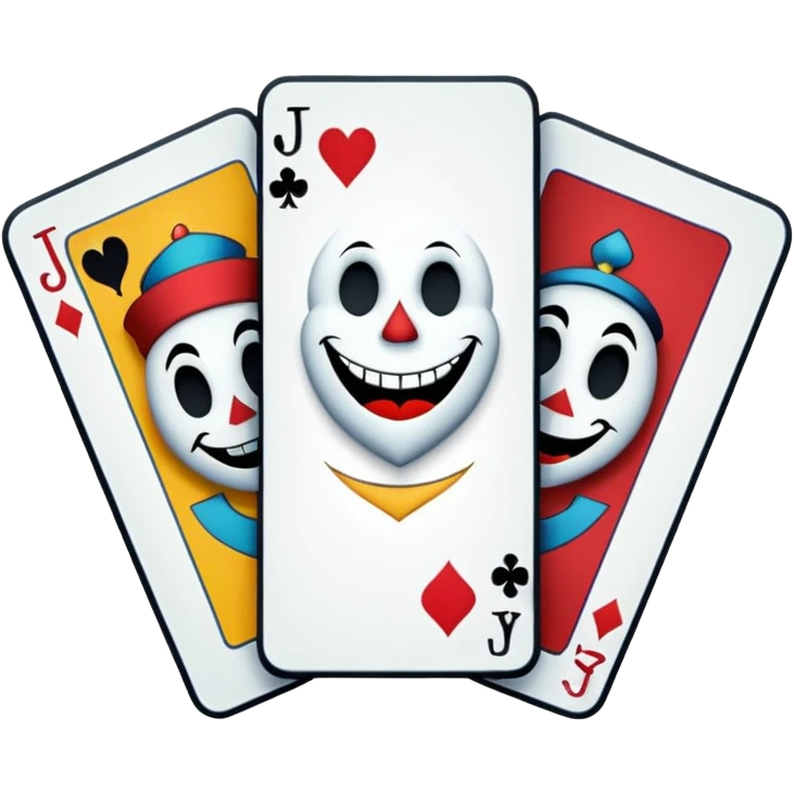3 poker cards, with crazy colorful human jolly jokers inside, inversed face, cuphead style emoji