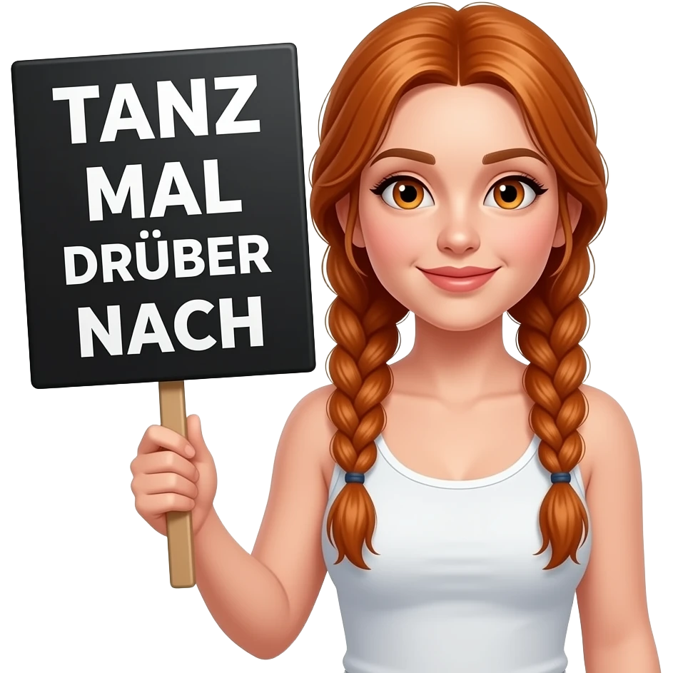 sexy girl with long ginger braids and ginger eyes wearing a white tanktop is holding a black sign with TANZ MAL DRÜBER NACH written on it emoji