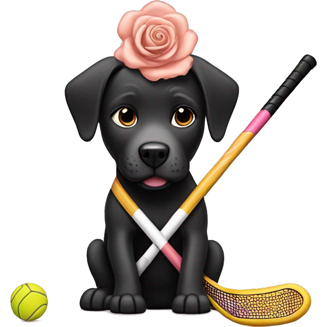 Black lab pitbull mix playing field hockey with a rose gold field hockey stick emoji