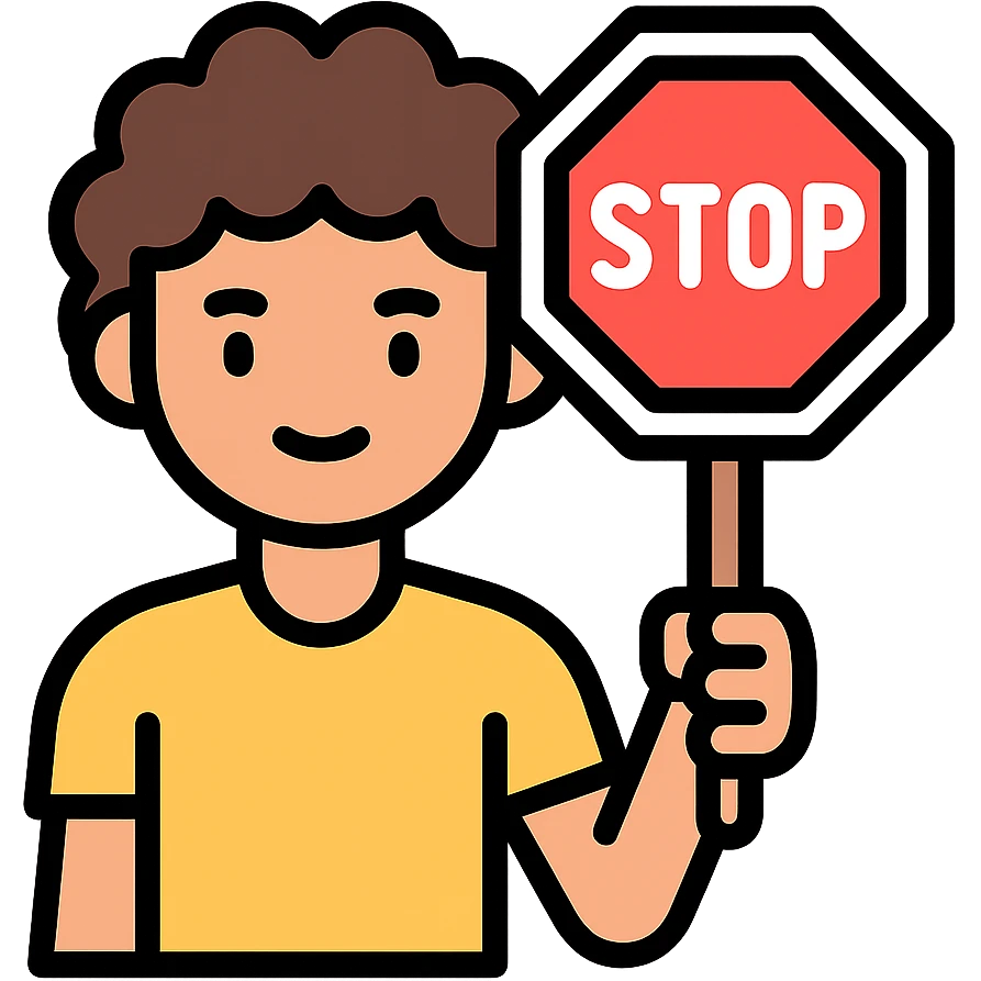 brunette person with curly hair holding a stop sign, color outline icon emoji