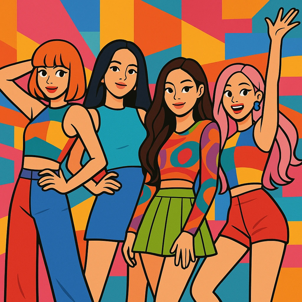Blackpink, K-pop group, group pose, colorful music video outfits, dynamic, vibrant toon style emoji