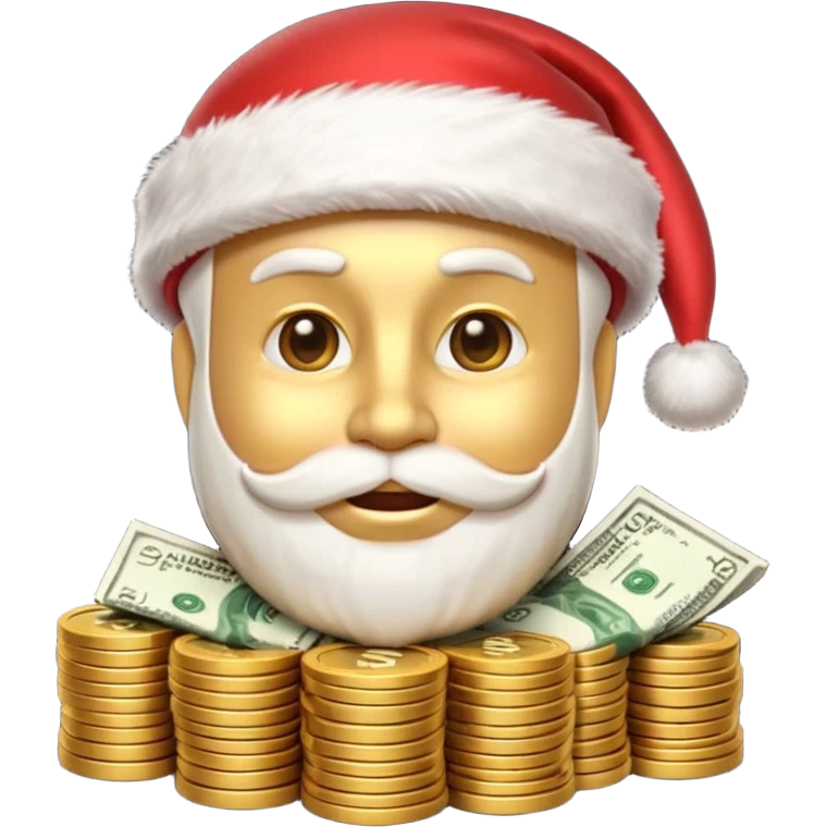 A confident rich emoji face wearing a Santa hat, money stacks, casino vibe, New Year theme, premium 3D emoji style, sharp details, no text, isolated on transparent background emoji