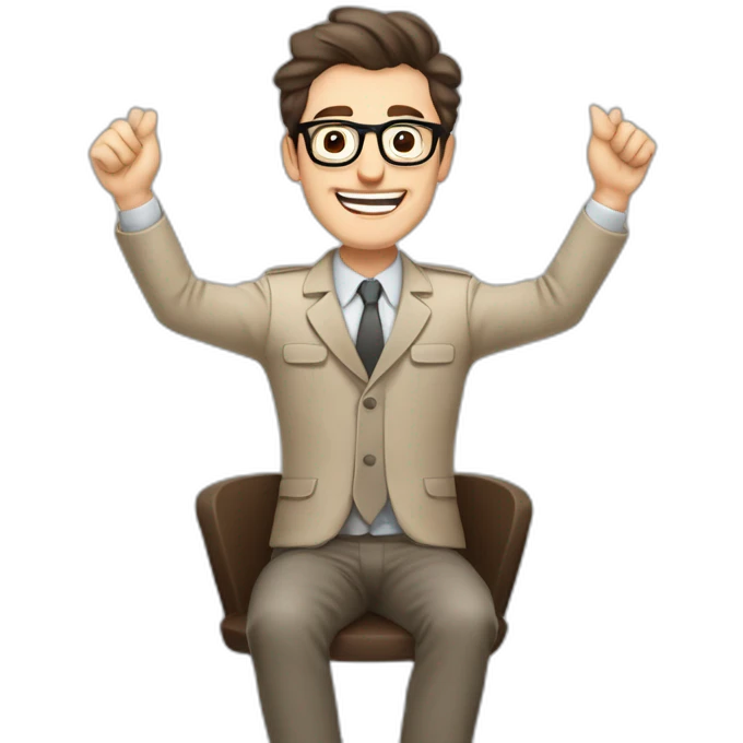 Joyful Celebrating victory Hands up Pale skinned Fit Man With dark brown hair in gray jacket, beige office shirt, Brown pants and vintage glasses sitting In a soft chair emoji
