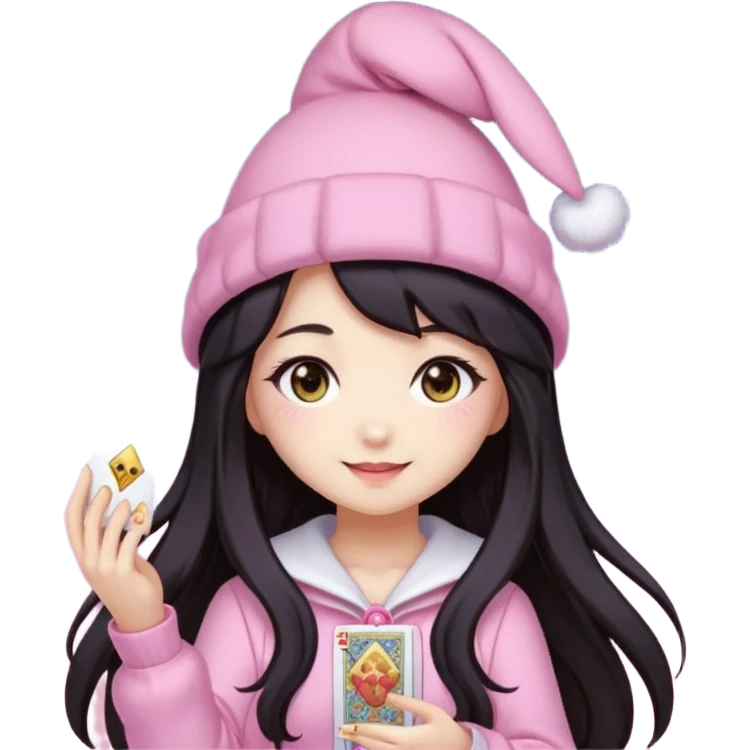 pixel art chibi asian girl with dark long hair in pink bunny hat magical girl with kawaii tarot cards thrown in air pixel emoji emoji