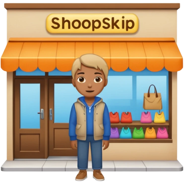 grown  2D line-drawn character + small bright shop emoji