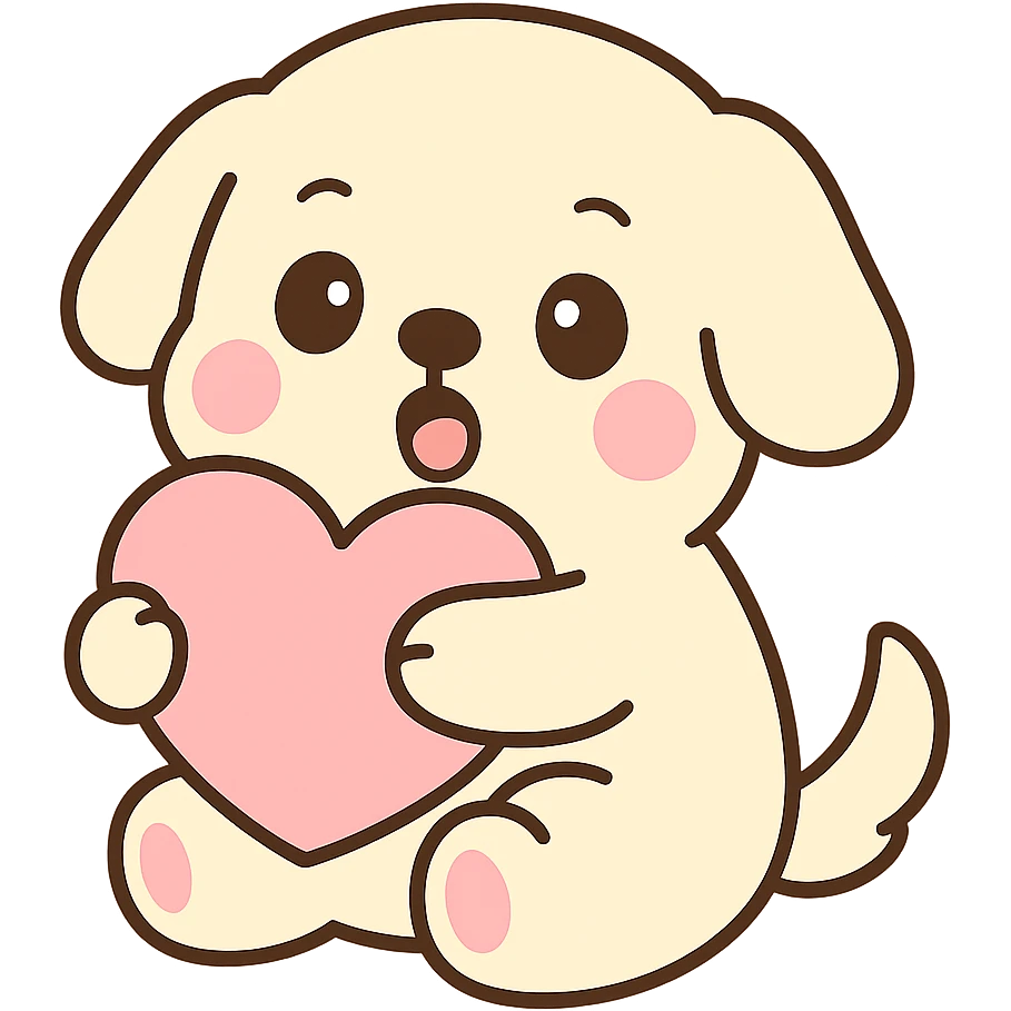 A cute white cream retriever hugging a pretty pink heart pillow with a surprised and smiling expression, no background, cute style. emoji
