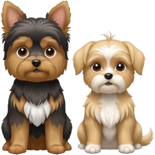 Generate a blue and tan purebred yorkie with a blonde shi tzu yorkie mix with floppy ears sitting next to each kther emoji