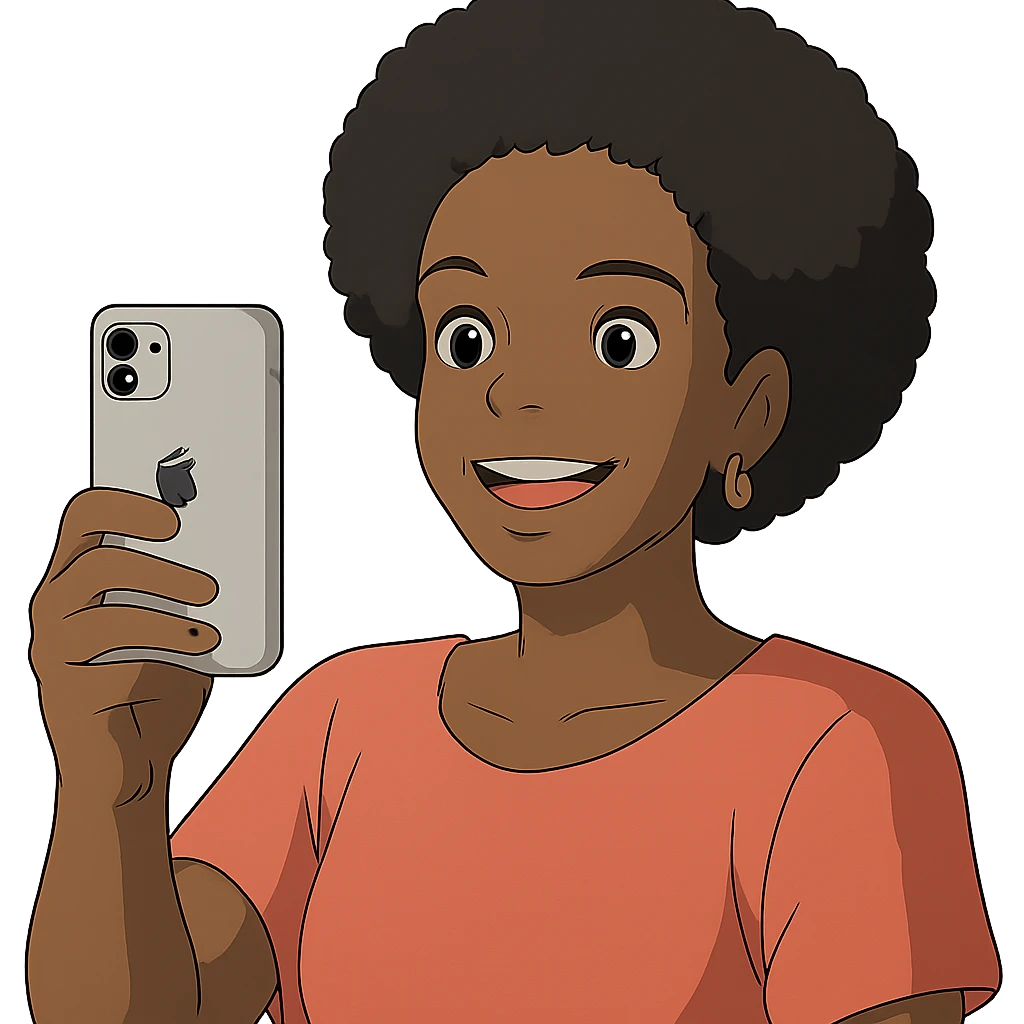 Afro-Caribbean woman smiling, holding iPhone, recording emoji
