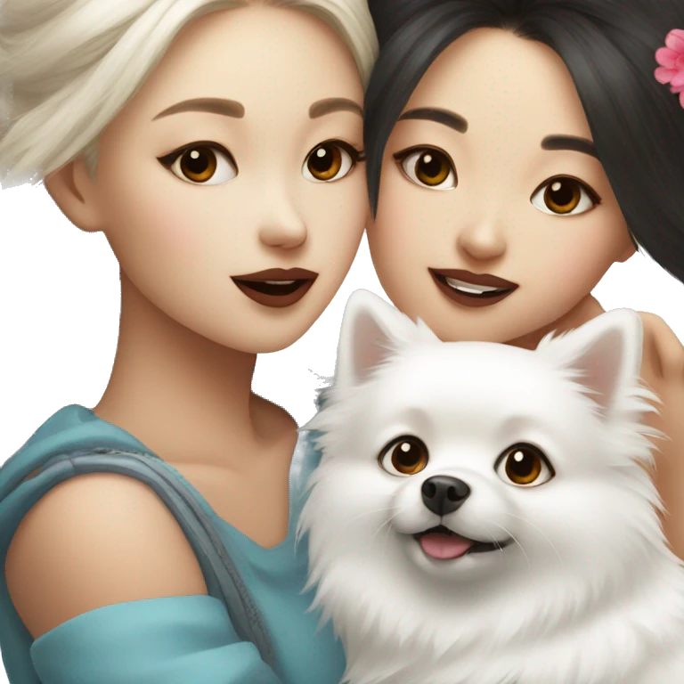 Chinese girl kiss white Pomeranian emoji