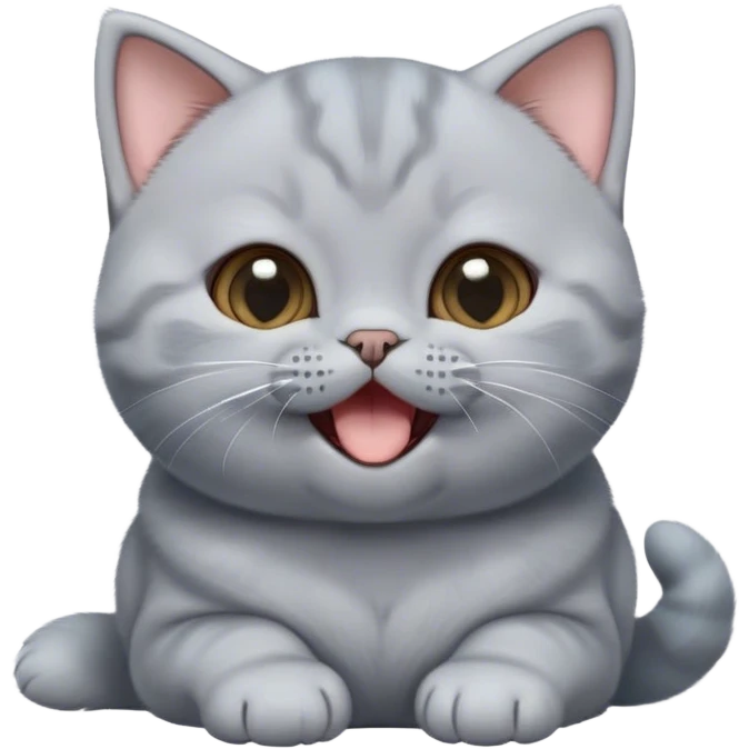 Cinematic Cute Grey British Shorthair kitten Portrait Emoji, Head tilted playfully and yawning, round and plump body with sleek soft grey fur and subtle blue undertones, Simplified yet adorable features, highly detailed, glowing with a warm, friendly glow, high shine, curious yet calm, stylized with a touch of whimsy, bright and endearing, soft glowing outline, capturing the essence of a mischievous yet loving and lazy kitty, so cute it feels like it could stretch out of the screen and cuddle! emoji