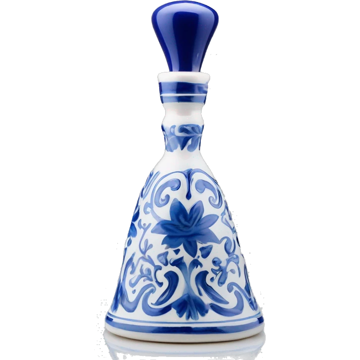 The Clase Azul Tequila bottle is tall and hourglass-shaped, with a wide base that tapers towards the neck. Its white ceramic body is decorated with cobalt blue floral designs, and it’s topped with a gray, bell-shaped stopper that curves inward. emoji