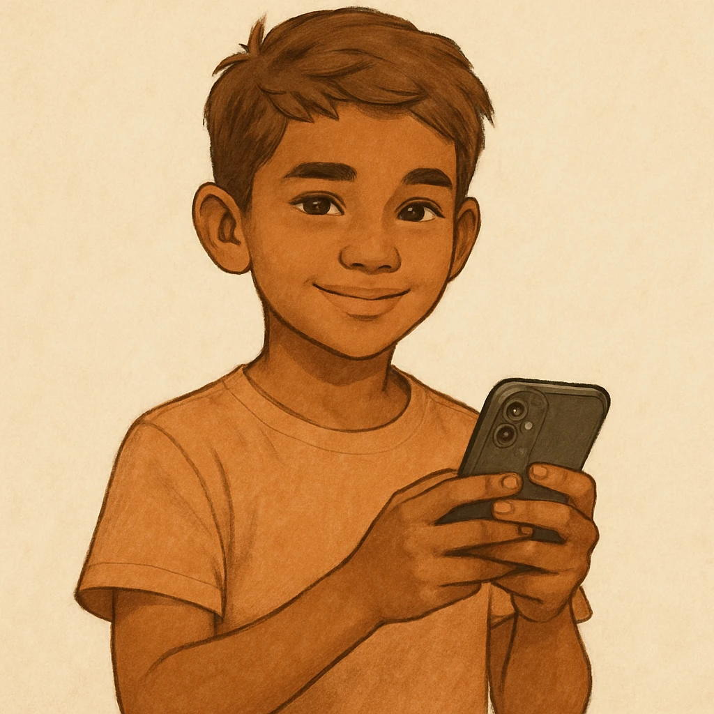 a tan boy with light brown hair holding a phone, style 1 emoji