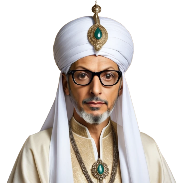 Jeff Goldblum without glasses as a regal portrait dressed as _cinematic-realistic-portrait-of-suleiman-the-magnificent,-depicted-as-a-regal-ottoman-sultan-adorned-with-a-large,-white,-round,-tall-turban-and-a-majestic-grey-beard,-his-commanding-gaze-bathed-in-warm,-historic-lighting-that-exudes-timel emoji