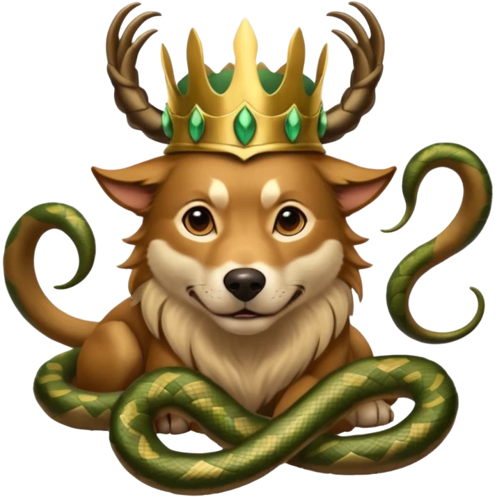 loki god of mischief as a dog. he as snakes. he wears a horned crown dynamic pose emoji