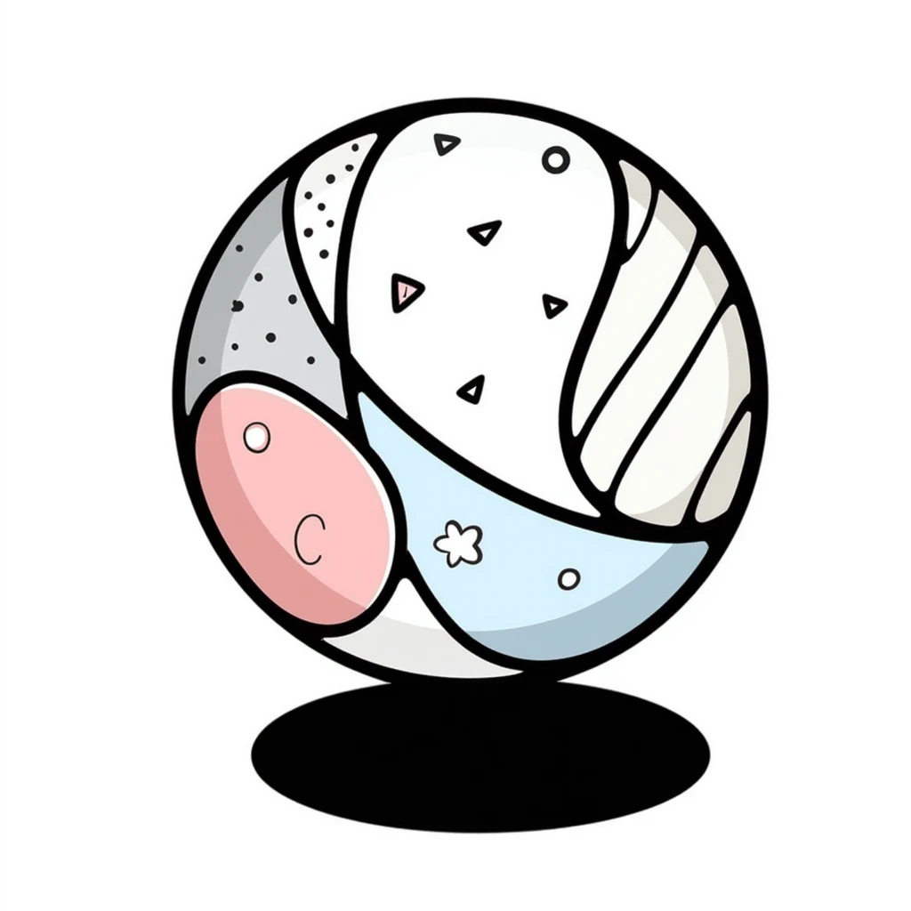 A colorful children's toy ball with patterns in pastel colors (dd9fb0, ffc6d3, a3bfc9, c4bee2, f1b091), hand-drawn doodle style emoji