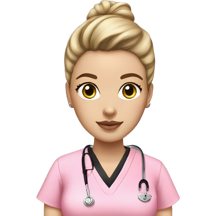Nurse ,white woman, black messy bun,pink scrubs ,Louis Vuitton bag  emoji