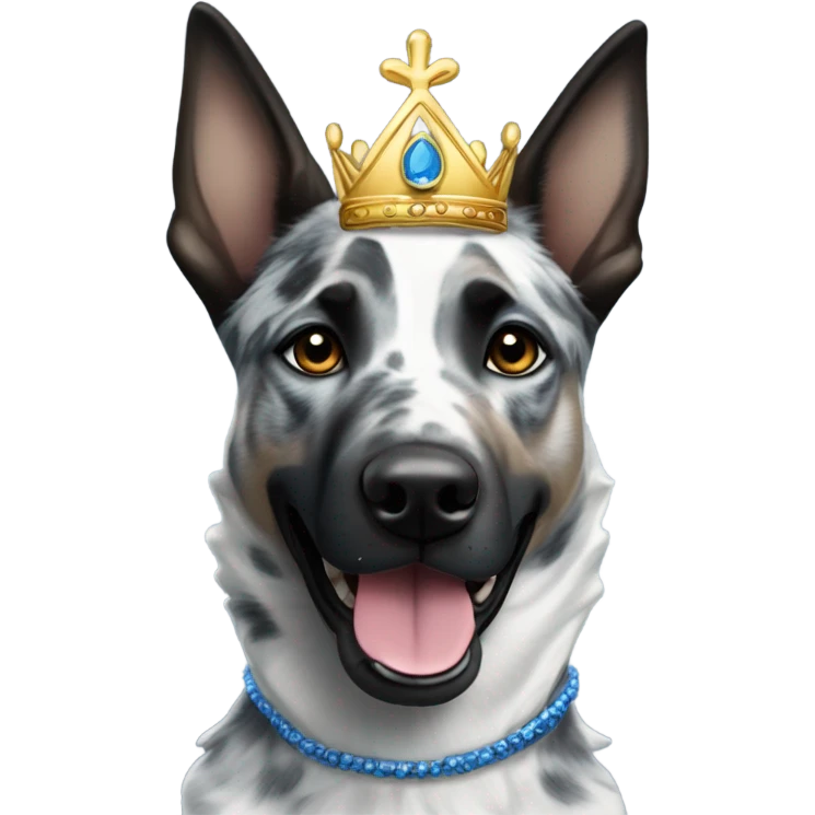 A malinois dark blue merle color with a crown on his head emoji