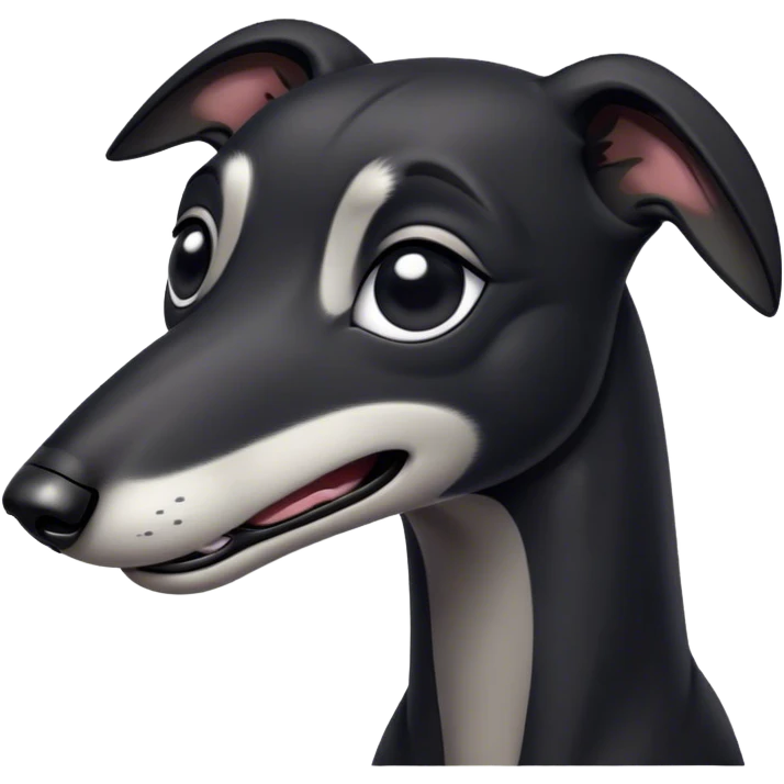 Cinematic Comical Black Greyhound Portrait Emoji, Head tilted dramatically with an exaggeratedly amused expression, featuring a glossy jet-black Fur and wide, expressive dark eyes filled with playful disbelief, Simplified yet hilariously expressive features, highly detailed, glowing with a slightly sassy glow, high shine, dramatic yet playful, stylized with an air of cheeky mischief, bright and endearing, soft glowing outline, capturing the essence of a spirited and over-the-top racer, so meme-worthy it feels like it could side-eye its way into internet fame instantly! emoji