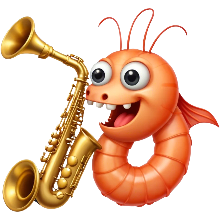 a cooked piece of shrimp with eyes and teeth playing the saxophone  emoji