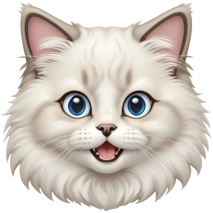 cinematic-adorable-big-eyed-fluffy-ragdoll-cat-portrait-emoji,-head-tilted-playfully-with-a-cute,-yawn,-white and grey fur,-simplified-yet-irresistibly-cute-features, blue eyes emoji