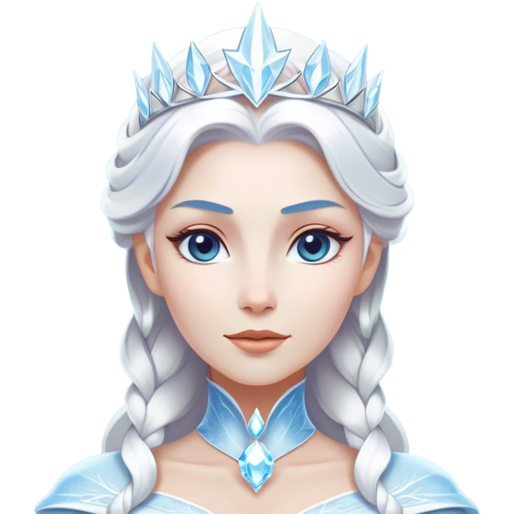 Cinematic Majestic Snow Queen Portrait Emoji, rendered in a clean, vector-style with bold, simplified shapes. Show Elsa with a serene, noble expression, luminous icy skin and gracefully styled platinum hair adorned with subtle crystalline accents, her attire minimal yet majestic. The design radiates a cool, crystalline glow with high shine and a soft glowing outline, embodying timeless, frosty elegance. emoji