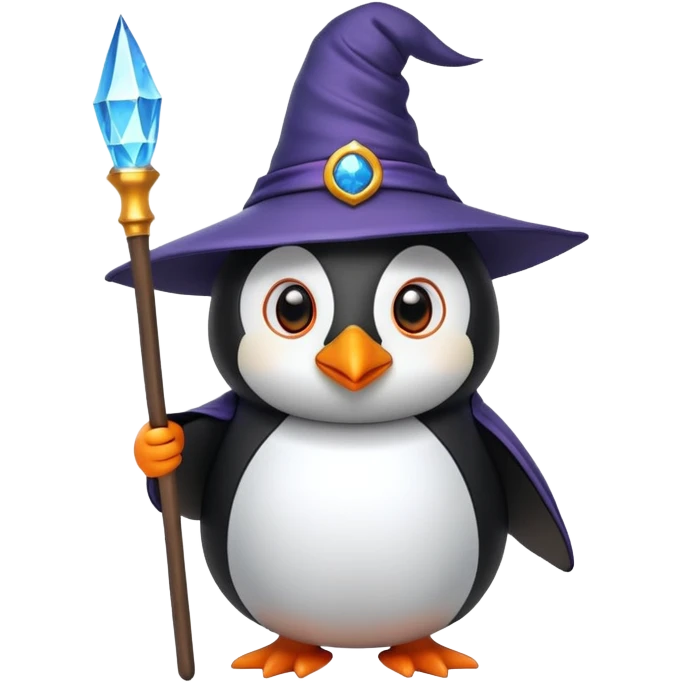 penguin dressed as a wizard, wearing a pointed hat and holding a magic staff, fun emoji style emoji