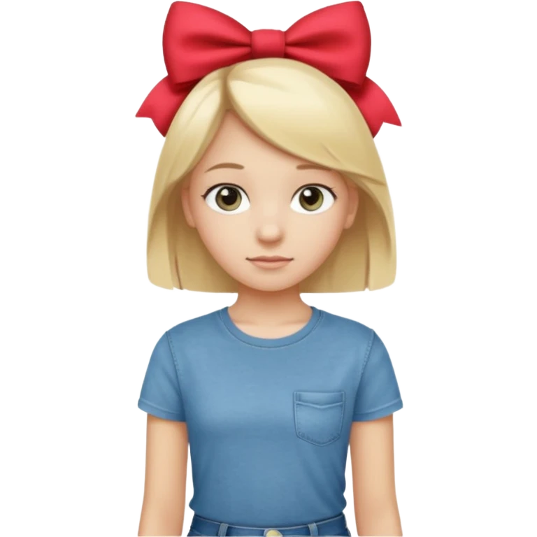 14 years old girl, with blonde hair, grey eyes. Wearing t-shirt and jeans. Wearing a bow emoji
