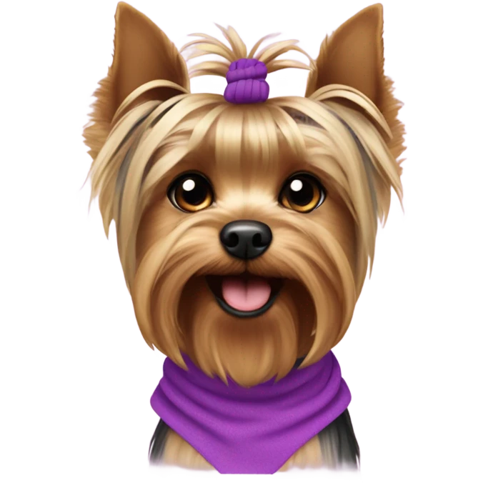 the face of a  Yorkshire Terrier  with a baby face with a ponytail on its head with a purple elastic band and pink short  emoji