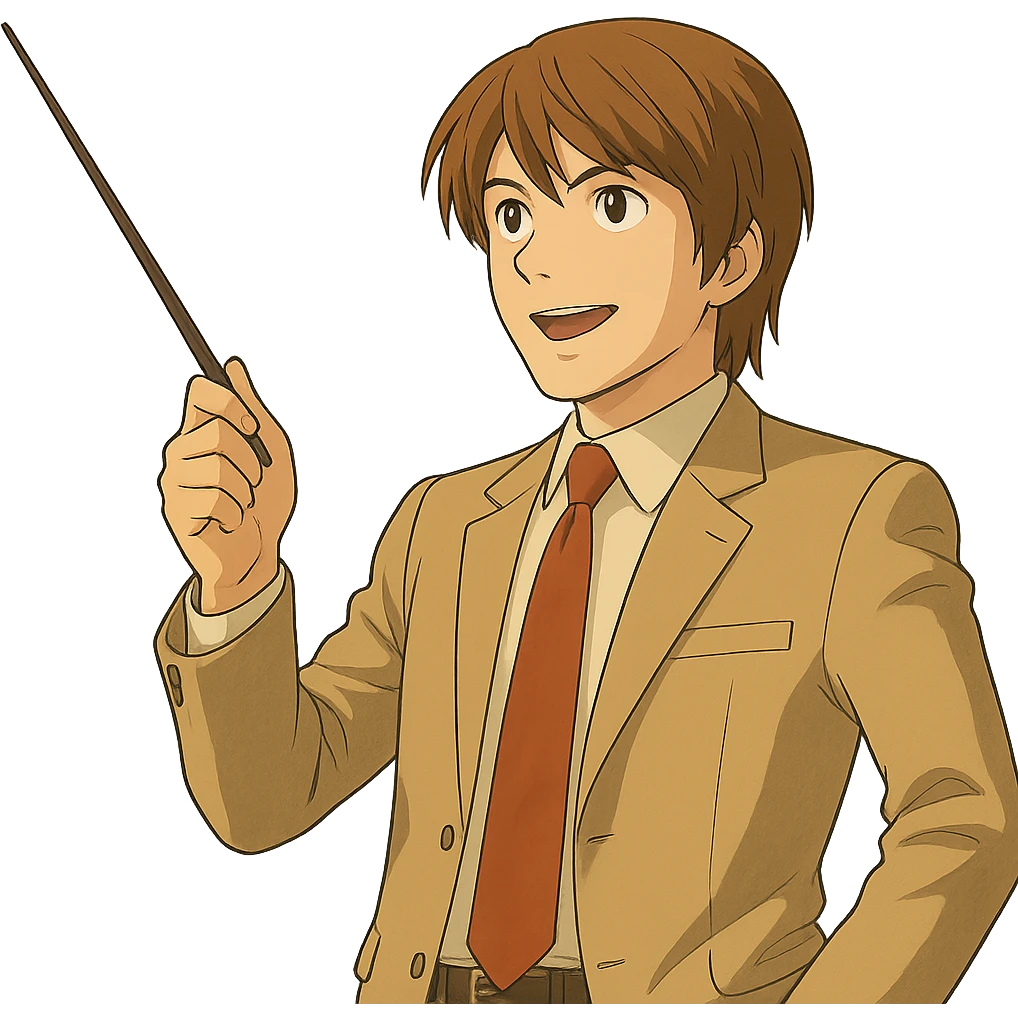 Change the angle of the teacher's stick so Light Yagami is pointing diagonally upward to the right, confident expression, Ghibli style, transparent background. emoji