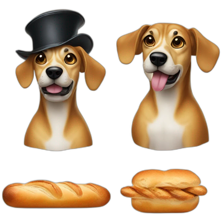 french dog with a big salvador dali moustache, beret and a  baguette emoji