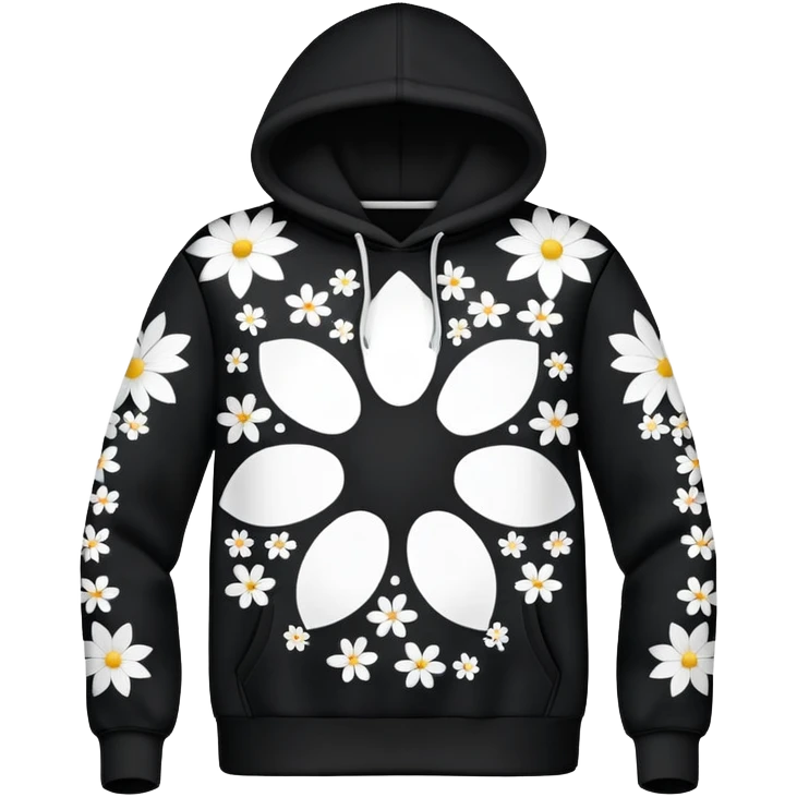 The BLACK Hoodie features a black base with distinctive white open flower spots with empty space in the middle, These hollow ring-like patterns are scattered across. emoji