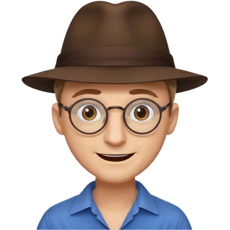A man with sharp and thin face, brown round glasses, a brown hat and a brown costume with beige chemise  (no blue shirt) (shoulders only), the man has blue eyes and a large smile on his face and menacing eyes. emoji