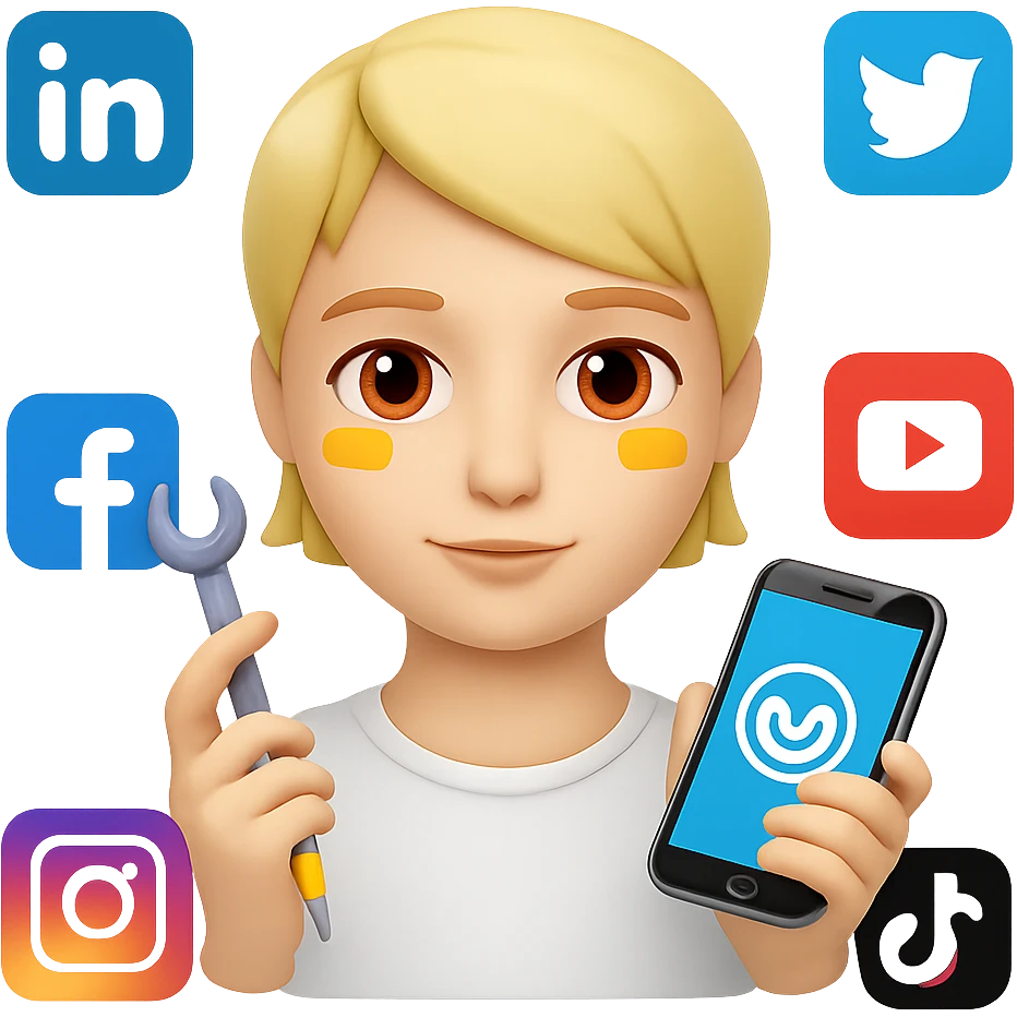 Add more social media icons around the person measuring metrics in the style of apple emojis, with no background. emoji