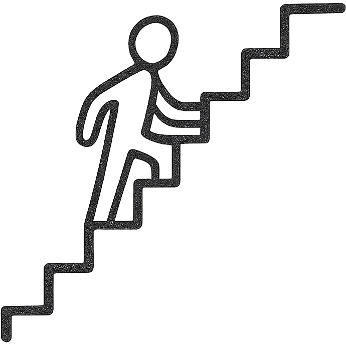 Increase the size of the staircase, add more steps, and place the person in the middle of the staircase. Hand drawn icon with black outline, no fill, transparent background. emoji