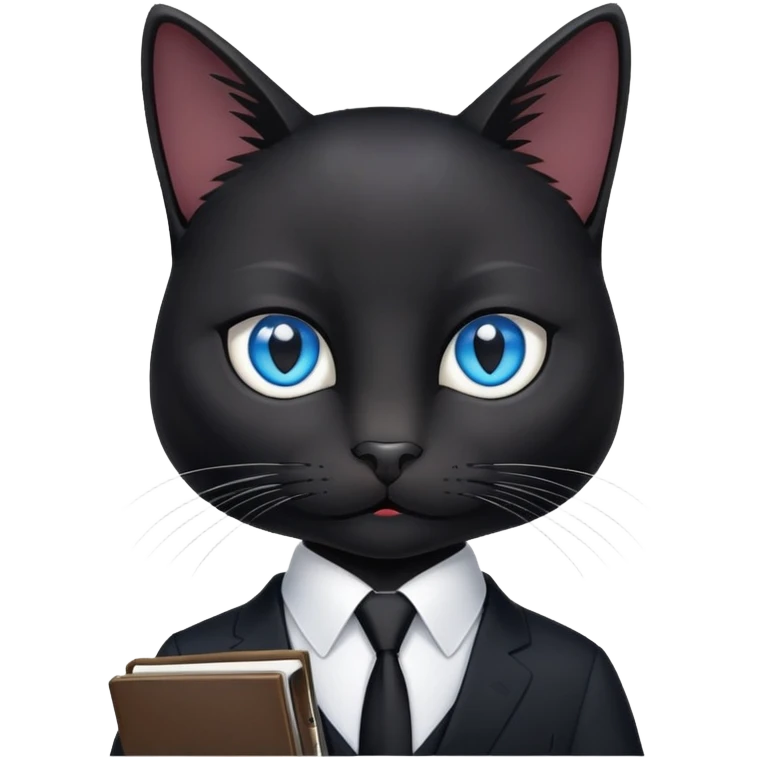 black cat with blue eyes in a black suit with black tie and notebook emoji