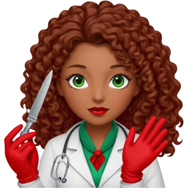 Lilith scalpel in hand, evil surgeon sexy surgeon clothes.  She has green  eyes. She brown long curly hair. Wears sexy doctor outfit with red gloves. Outfit is also red. hair is free and brown. Hides face by using a red scarf emoji