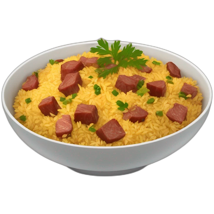 a bowl of Uzbek pilaf with brown pieces of meat on the plate emoji