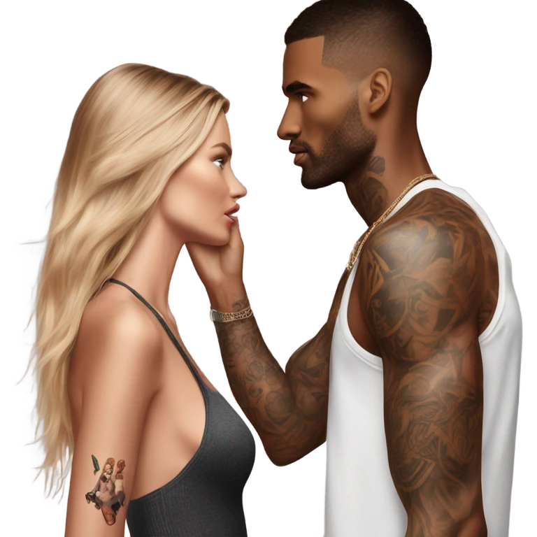 Photo of Victoria secret model having a serious conversation with a tattooed male model  emoji