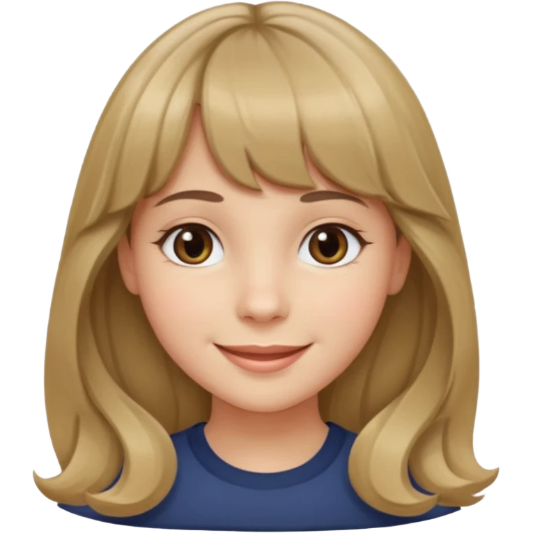A girl with wavy, dark blonde hair, straight bangs, and straight eyes. She is smiling. emoji