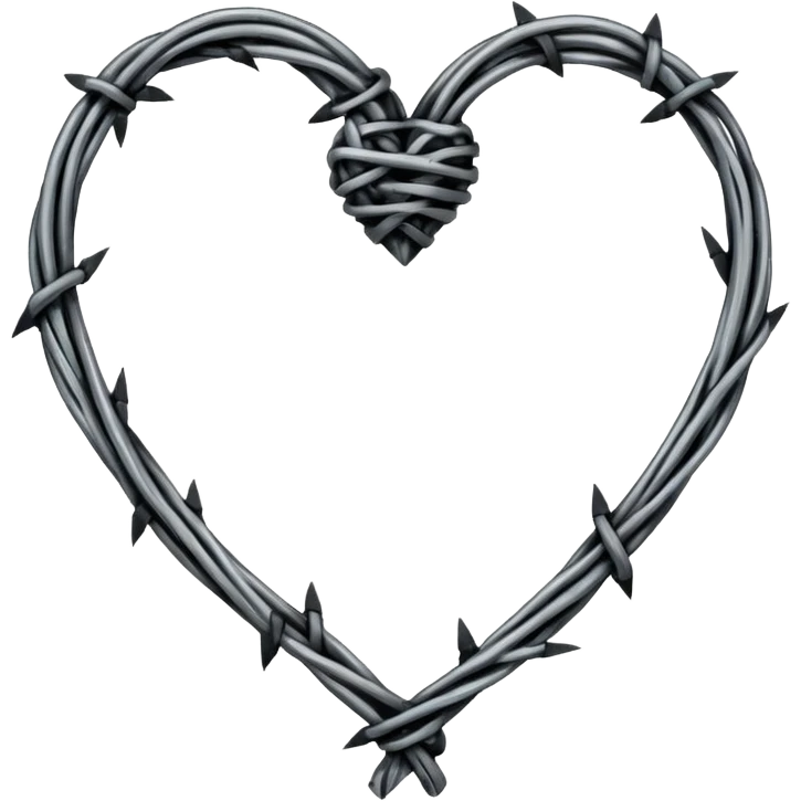Minimal black line art heart made from barbed wire, hand-drawn sketch look, uneven ink strokes, 6–7 barbs with twisted knots, simple clean outline, centered on plain white background, high contrast emoji
