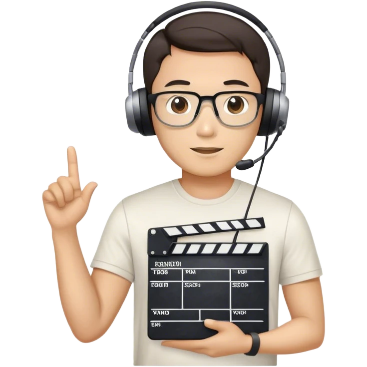Korean male movie director wear headset, tsirts who holds a movie slate emoji