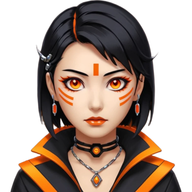Cyberpunk Japanese woman, mid-50s looking young, sharp features, sleek black hair, glowing orange eyes, expensive tech jewelry, vengeful expression, neon highlights, dark background. emoji