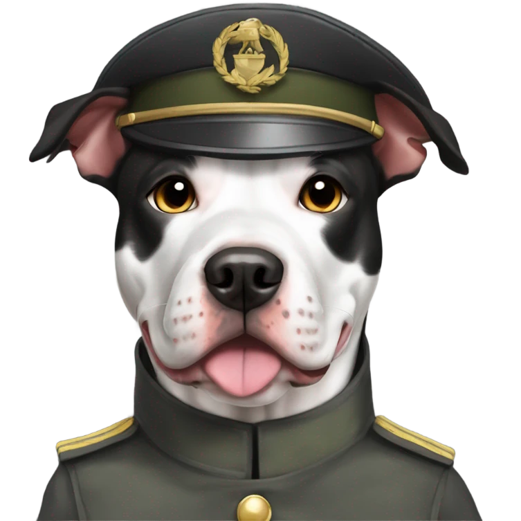 a black and white spotted female pitbull wearing a military uniform emoji
