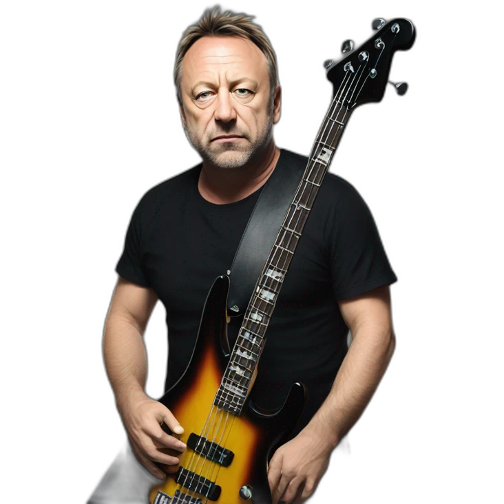 photo realistic Peter Hook, playing, black bass guitar, standing, full body, front view emoji