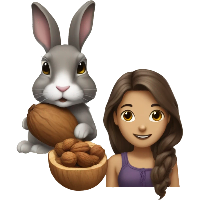 а rabbit and a walnut with a brunnete girl emoji
