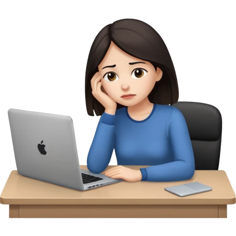  iOS emoji style - An sad and overwhelmed woman sitting at a desk with a laptop - She has dark hair. emoji