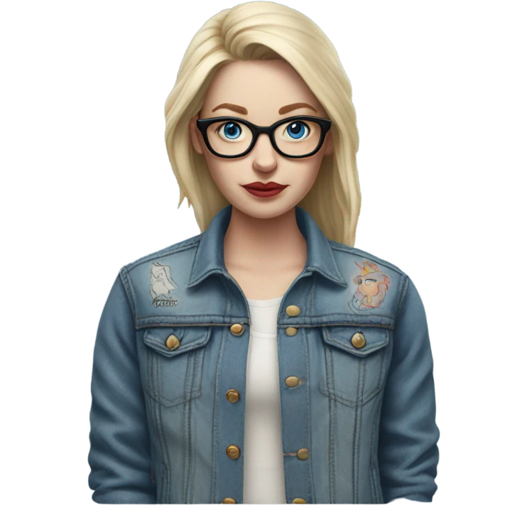 Hyper Realistic pale beautiful tattooed woman with glasses and blue eyes wearing denim jacket emoji